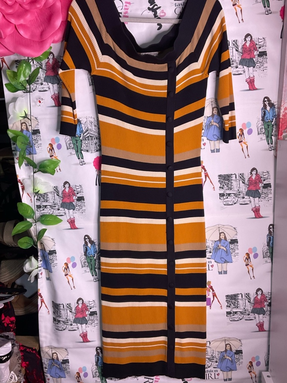 Eva Mendez Mustard and Black Striped Knit Dress by